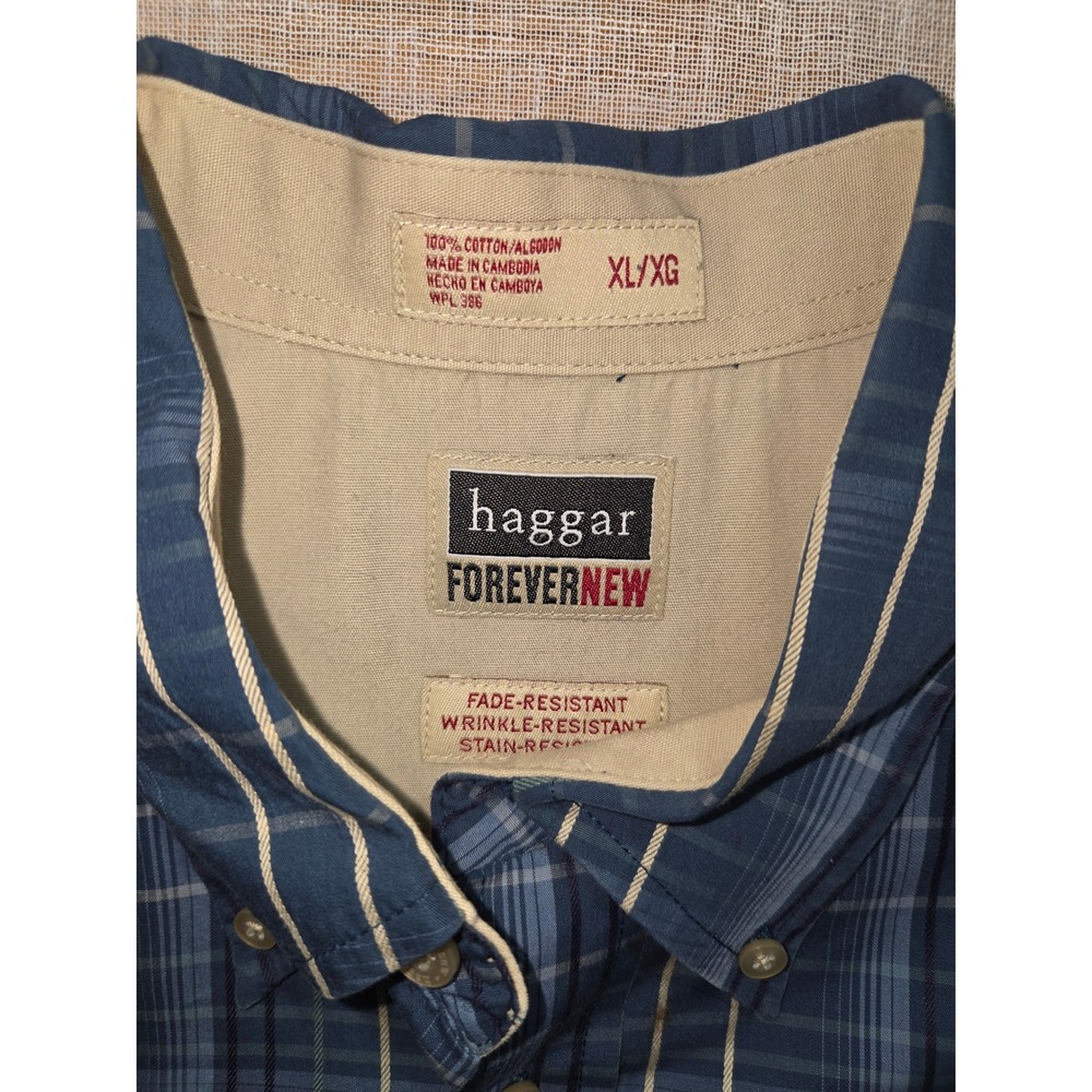 Haggar‎ ForeverNew Mens XL Blue Plaid Button Down Shirt Wrinkle Resistant Cotton - Picture 7 of 7